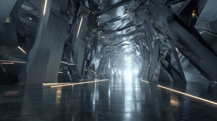 Futuristic Crystalline Cavern Illuminated by a Distant Glow and Golden Light Trails.