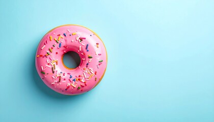 A Sweet Pink Frosted Donut Covered In Colorful Sprinkles Rests On A Bright Cyan Background With Soft Lighting Casting Subtle Shadows