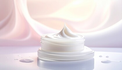 A Swirl of Rich White Cream in a Jar on a Reflective Surface with Soft Pink and White Draped Fabric Background Illuminated by Soft Natural Light