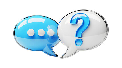 A white speech bubble with a blue question mark next to a blue speech bubble with typing dots symbolizes a query awaiting a response in a digital chat or support forum