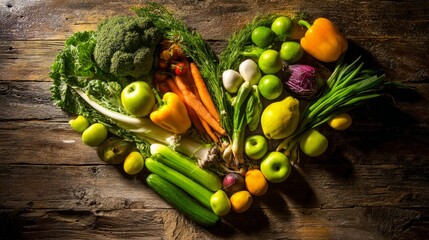 shallow. Fresh vegetables arranged in heart shape on rustic wooden table with warm natural tones and soft lighting. menu design.