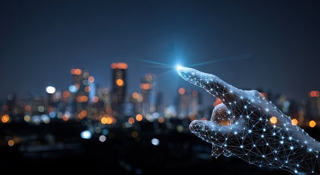 Digitized hand touching a glowing point over a blurred cityscape at night - Powered by Adobe