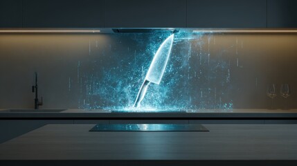 Futuristic Holographic Chefs Knife Illuminates Modern Kitchen with Electric Blue Energy Swirls.