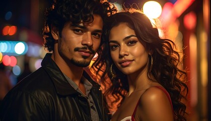 A smiling, affectionate couple poses against a vibrant, bokeh-filled city backdrop. They are dressed fashionably, looking into the viewer's eye