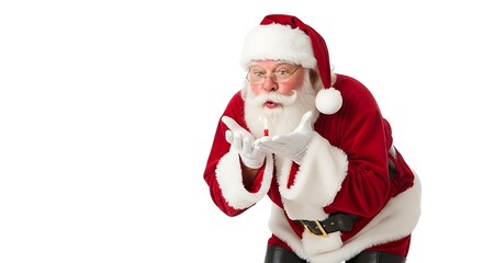 Santa Claus blowing a kiss with his hands cupped in front of him, dressed in his iconic red suit and hat.