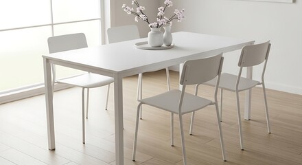 Bright monochromatic dining arrangement with blossom in a minimalist setting