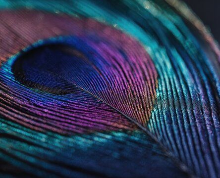 Close-up of a radiant peacock feather, highlighting its iridescent blues, purples, and teal colors