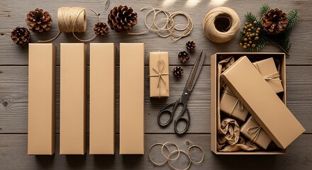 Overhead view of rustic Christmas gift wrapping supplies including kraft paper boxes, twine, pinecones, and scissors on a wooden table.
