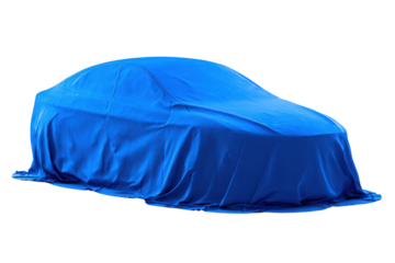 Blue car cover draped over vehicle on black background covered fabric, Isolated On Transparent Background, Png Cut Out