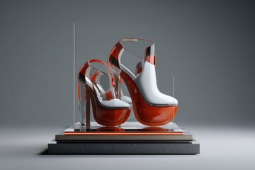 Futuristic Red and White Sculptural Platform Heels Presented in a Modern Glass Display Case.