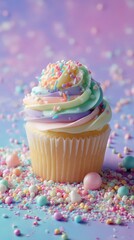 Vibrant Pastel Cupcake with Colorful Frosting and Sprinkles on a Soft Gradient Background, Perfect for Delightful Treats and Celebrations