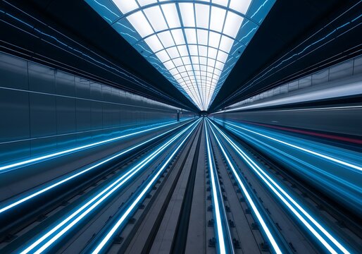 Illuminated subway tracks in futuristic abstract transportation tunnel