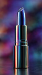 Striking Metallic Neon Lipstick with Glowing Reflection on Modern Surface Against Vibrant Background for Beauty and Cosmetic Promotions