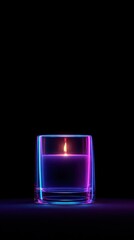 A Captivating Neon Glow: Close-Up of a Candle in a Glass Holder Illuminated Against a Dark Background, Creating a Vibrant and Soothing Atmosphere for Relaxation