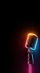 Vibrant Metallic Microphone with Neon Glow Against Dark Background, Capturing the Essence of Music with Radiant Colors and Elegant Design for Creative Projects