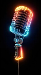 Stunning Neon-Outlined Metallic Microphone with Glowing Effects, Set Against a Dark Background, Ideal for Music and Sound Projects, Photography, and Digital Art