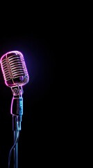 Neon Outline of a Classic Microphone Highlighted with Metallic Detailing Against a Dark Background for Creative and Promotional Use