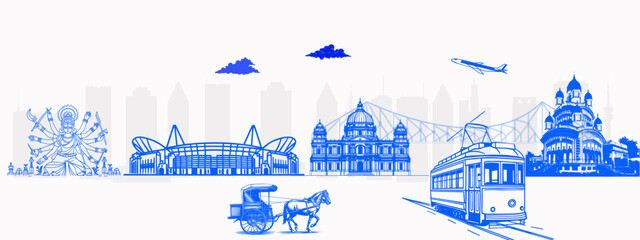 Kolkata Skyline with Howrah Bridge, Victoria Memorial and Dakshineswar Temple &ndash; Cultural Cityscape for Travel, Tourism, and Editorial Use &ndash; Travel Tourism Concept for India Cityscape Design and Prints