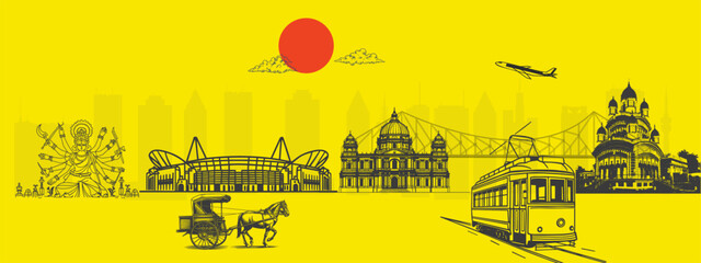 Kolkata Skyline with Howrah Bridge, Victoria Memorial and Dakshineswar Temple &ndash; Cultural Cityscape for Travel, Tourism, and Editorial Use &ndash; Travel Tourism Concept for India Cityscape Design and Prints