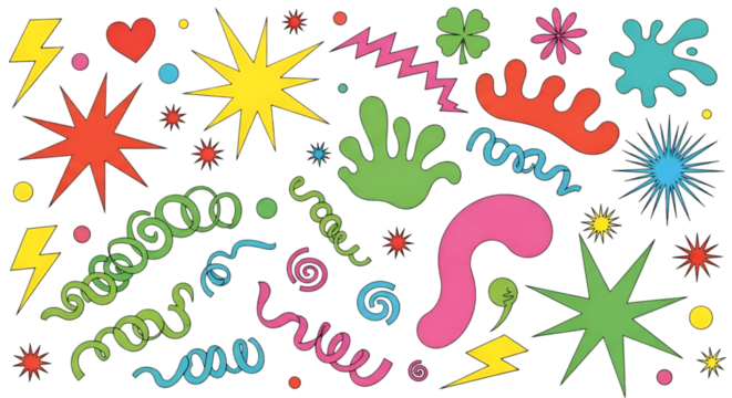 Colorful Abstract Shapes and Symbols on Black Background