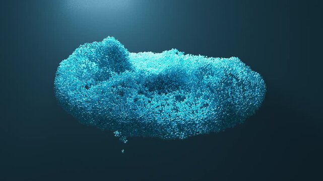 Thousands of glossy blue particles move turbulently and converge toward central ring creating dynamic fluid formation under soft light