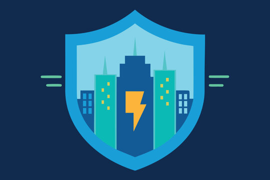 City Skyline Within A Shield With Lightning Bolt buildings skyscrapers transparent web icon