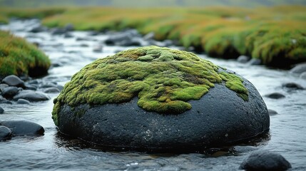Round, moss-covered rock in a flowing stream with grassy banks, close-up view