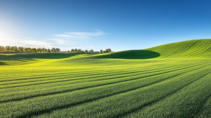 Rolling green fields under a bright blue sky with the sun shining