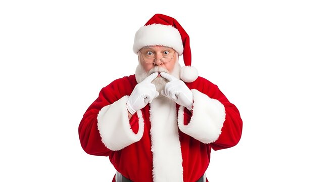 Santa Claus is making a shushing gesture with his finger to his lips, dressed in his iconic red suit and hat.