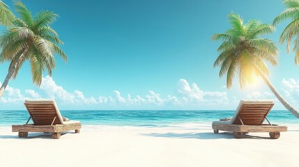 Tropical beach scene with two empty lounge chairs under palm trees facing the ocean