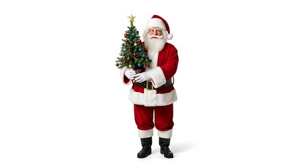 A cheerful Santa Claus dressed in his traditional red suit, holding a small decorated Christmas tree.