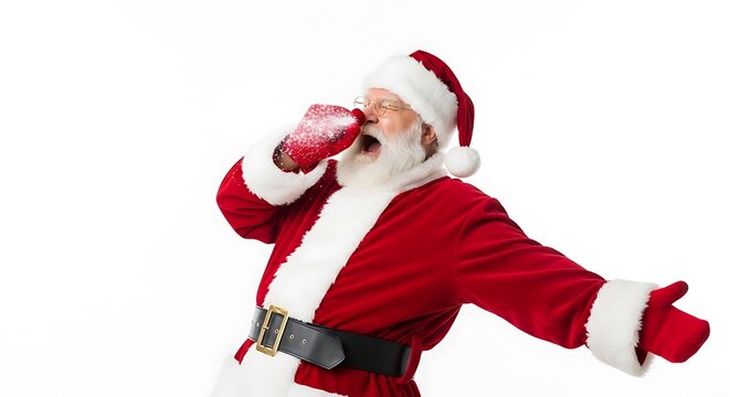 Santa Claus in his traditional red suit with white trim, shouting with his hand cupped around his mouth. - Powered by Adobe