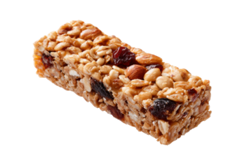 Close up of a whole grain granola bar with nuts and dried fruit on black cereal oats, Isolated On Transparent Background, Png Cut Out