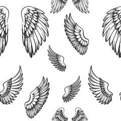 Naklejka premium Seamless hand-drawn wing pattern in black and white. Features detailed feather shapes in various styles and angles. Ideal for tattoo art, fantasy themes, and symbolic design.