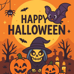 Cute Witch with Pumpkins, Bat, and Spider in Happy Halloween Cartoon Illustration