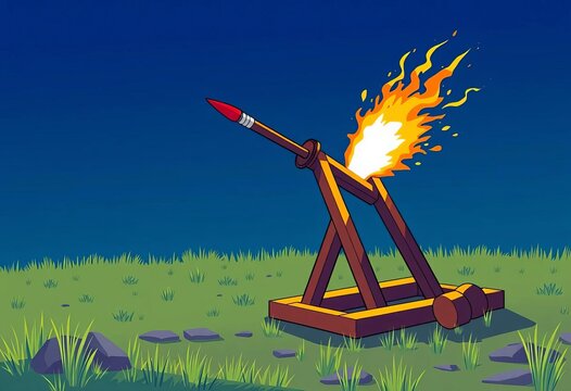 Simple vector illustration of a catapult launching a projectile, projectile, motion