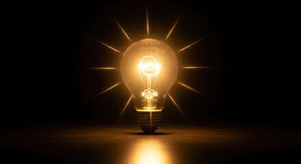 Glowing light bulb radiates bright light from a dark background.