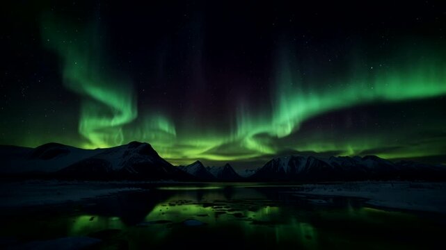 The spectacular aurora borealis phenomenon lights up the night sky above the dark, snowy mountain landscape.
