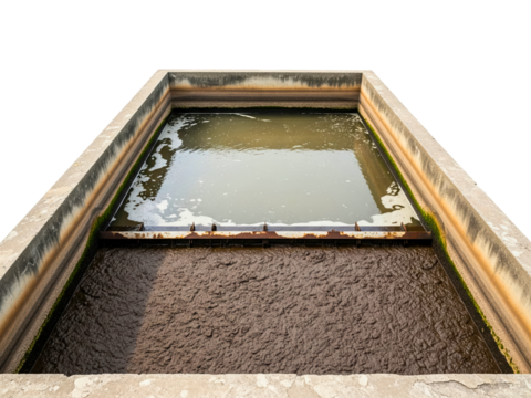Sewage purification process in an industrial sedimentation tank on a transparent background
