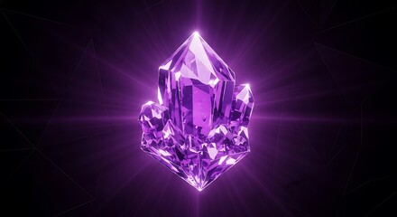 Radiant amethyst crystal formation with glowing facets on dark background