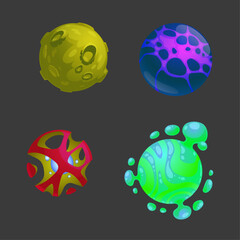 Collection of Four Cartoonish Planets with Unique Textures and Colors on Dark Background
