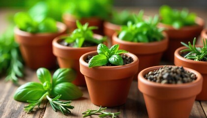 Fototapeta premium A close up of various fresh herbs growing in small, rustic terracotta pots on a weathered wooden surface. A close up, overhead view of several small, rustic terracotta pots filled with various vibrant