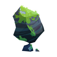 An isolated cartoon illustration of a large, ancient boulder covered in green moss and lichen © GRAPH Studio