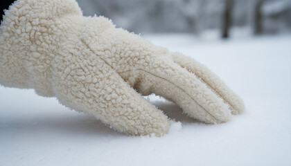 Soft white glove touching fresh snow in winter setting  