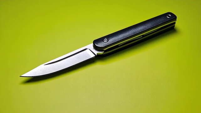 Sleek pocket knife with a sharp blade on a vibrant green background.