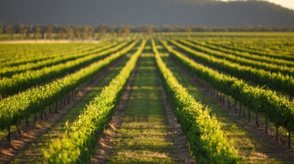 vineyard. Serene vineyard landscape with orderly grapevine rows under natural sunlight, evoking tranquility and growth. travel magazines.
