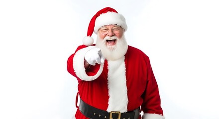 A jolly Santa Claus in his iconic red suit points directly at the viewer with a wide, joyful smile.