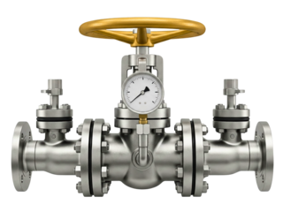 Industrial pipeline valve with pressure gauge and yellow handle on a transparent background