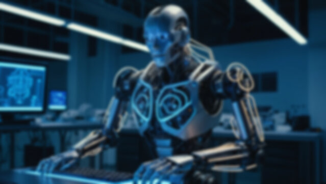 background blurred A humanoid AI robot typing on a futuristic keyboard, with intricate wires and glowing circuits on its arms, inside a high-tech research lab, at night, lit by blue neon lights.