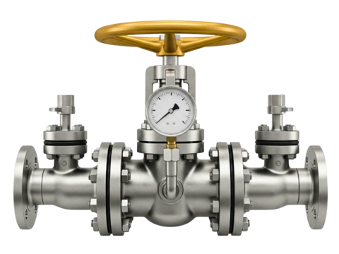 Industrial pipeline valve with pressure gauge and yellow handle on a transparent background